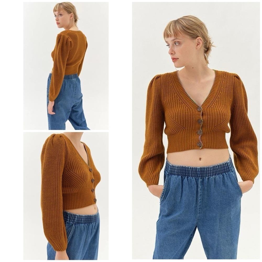 Urban Outfitters UO Scalloped Brown Cropped Knit Puff Sleeve Cardigan S​​​​